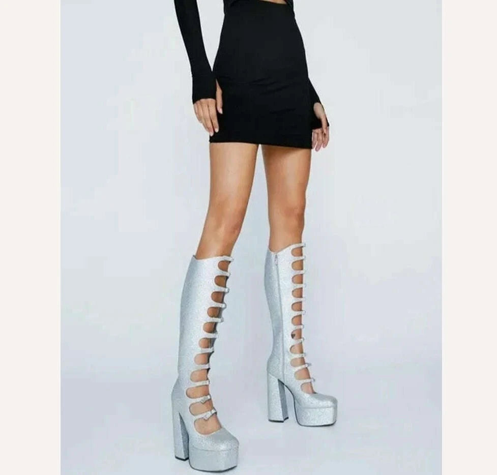 Patent Leather Buckles Design Hollow Boots For Female Women 2022 Platform Sqaure Heel Knee-high Solid Fashion Sexy Party Shoes - KIMLUD