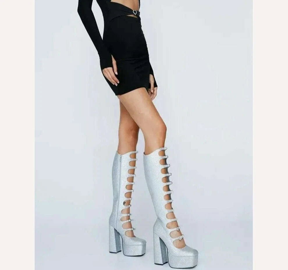 Patent Leather Buckles Design Hollow Boots For Female Women 2022 Platform Sqaure Heel Knee-high Solid Fashion Sexy Party Shoes - KIMLUD