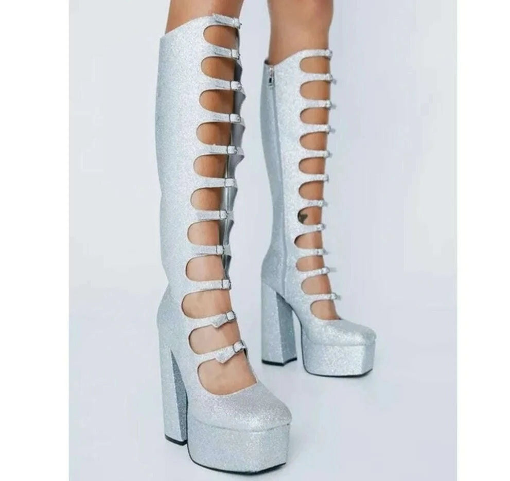 Patent Leather Buckles Design Hollow Boots For Female Women 2022 Platform Sqaure Heel Knee-high Solid Fashion Sexy Party Shoes - KIMLUD