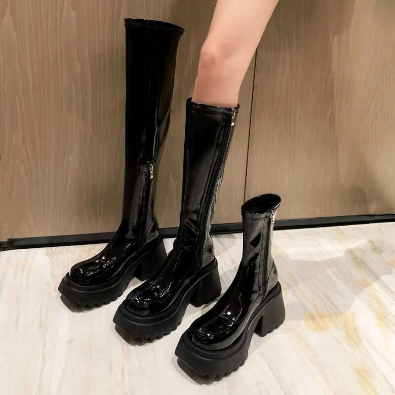 Patent Leather Chunky Platform Long Boots Women 2022 Autumn Punk Thick Heels Shoes Woman Zipper Black Motorcycle Botas De Mujer - KIMLUD