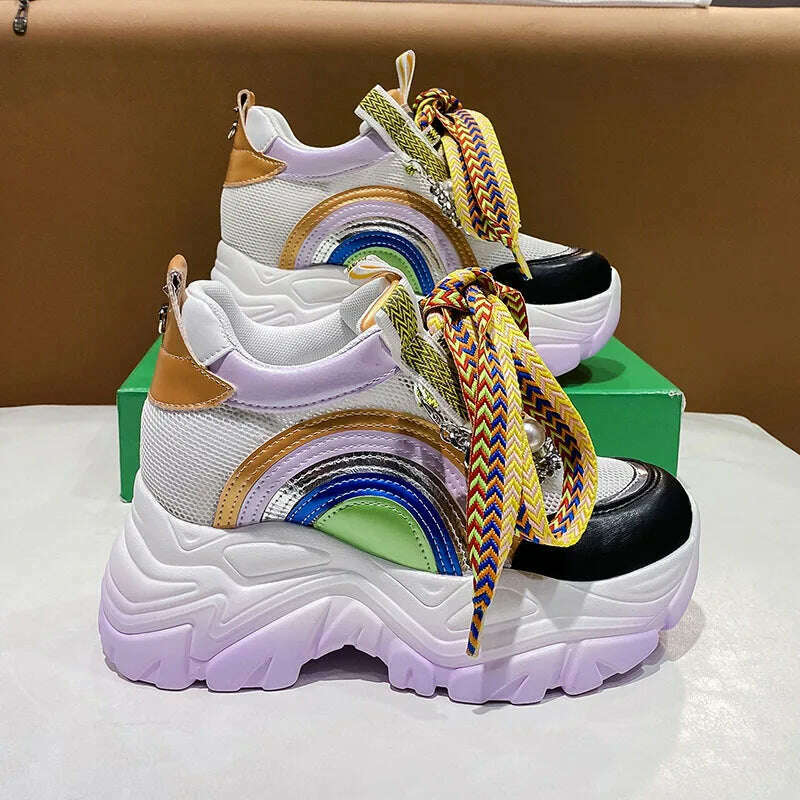 Patent Leather Ladies Casual Shoes Fashion String Bead Chain Girls Chunky Sneakers 8.5cm Heel Thick Sole Women's Platform Shoes - KIMLUD