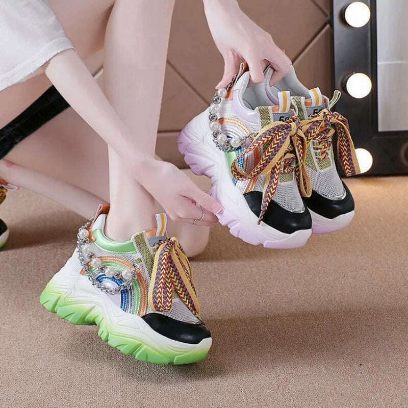 Patent Leather Ladies Casual Shoes Fashion String Bead Chain Girls Chunky Sneakers 8.5cm Heel Thick Sole Women's Platform Shoes - KIMLUD