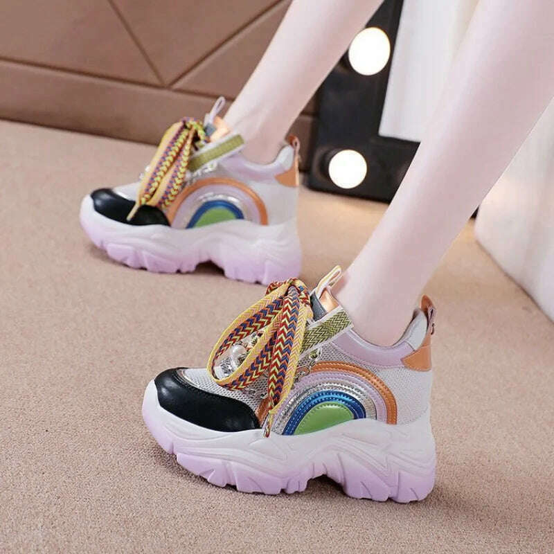 Patent Leather Ladies Casual Shoes Fashion String Bead Chain Girls Chunky Sneakers 8.5cm Heel Thick Sole Women's Platform Shoes - KIMLUD