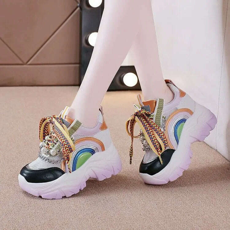 Patent Leather Ladies Casual Shoes Fashion String Bead Chain Girls Chunky Sneakers 8.5cm Heel Thick Sole Women's Platform Shoes - KIMLUD