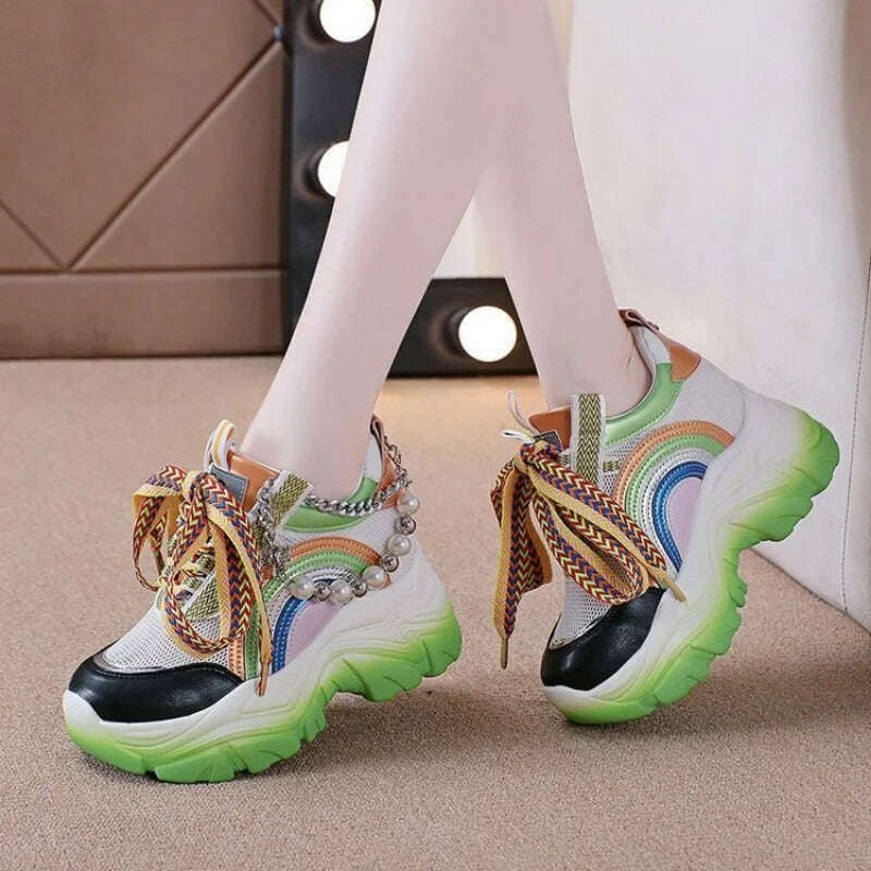 Patent Leather Ladies Casual Shoes Fashion String Bead Chain Girls Chunky Sneakers 8.5cm Heel Thick Sole Women's Platform Shoes - KIMLUD