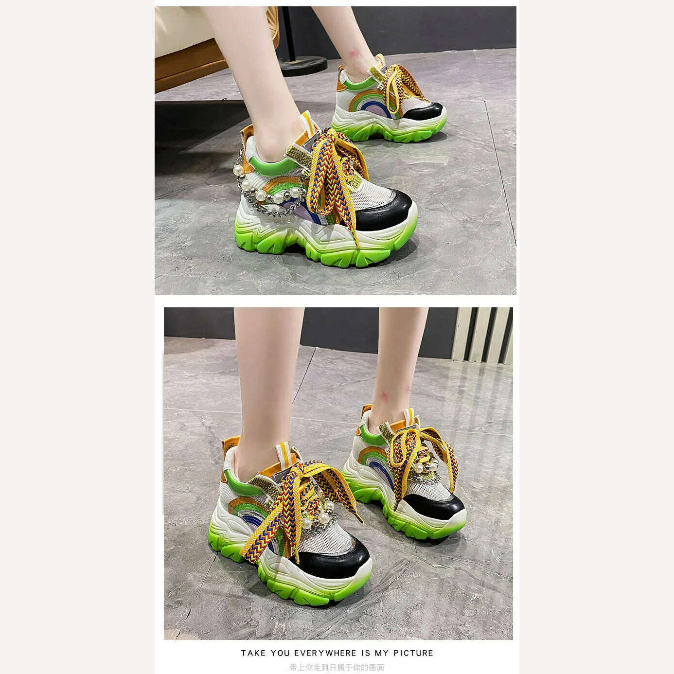Patent Leather Ladies Casual Shoes Fashion String Bead Chain Girls Chunky Sneakers 8.5cm Heel Thick Sole Women's Platform Shoes - KIMLUD