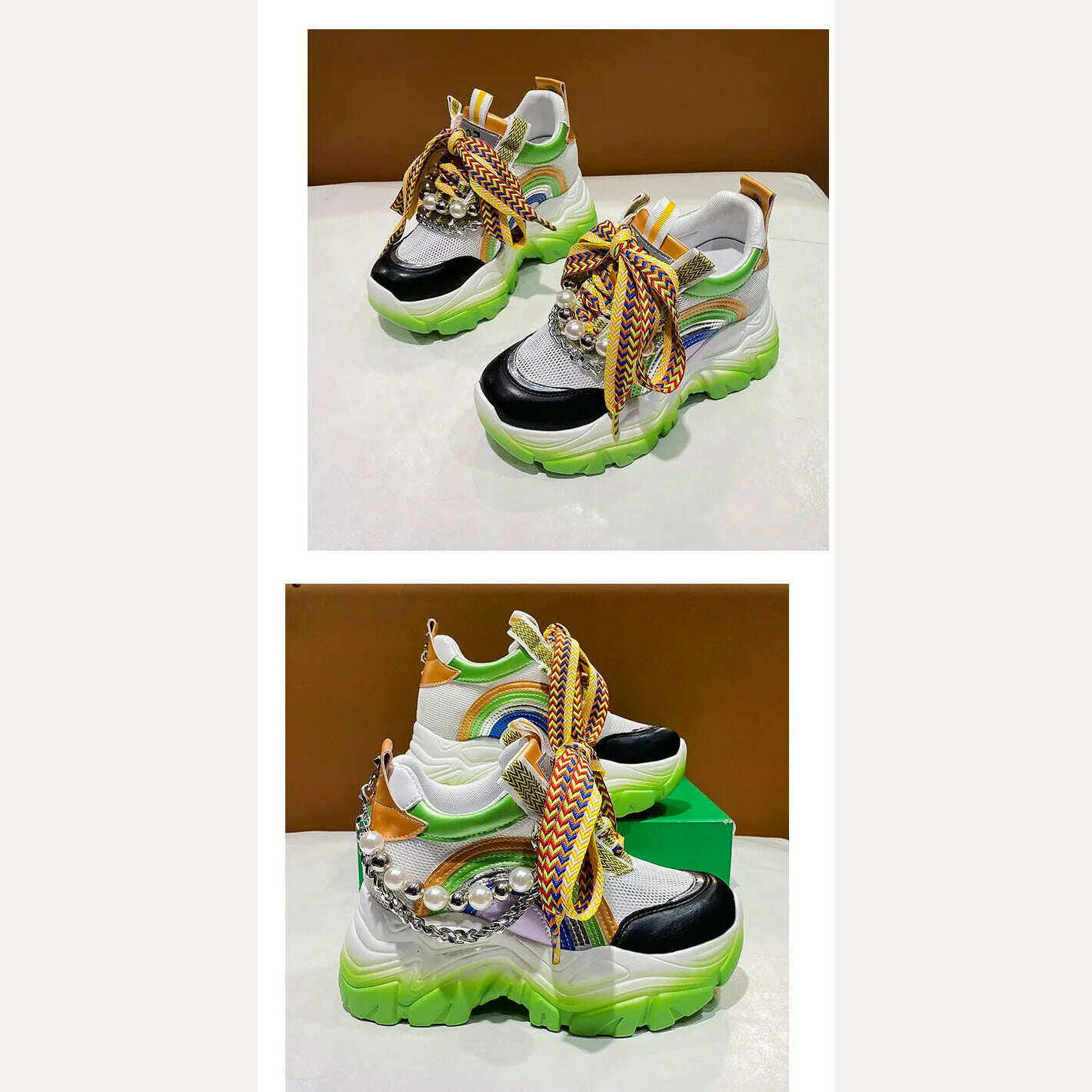 Patent Leather Ladies Casual Shoes Fashion String Bead Chain Girls Chunky Sneakers 8.5cm Heel Thick Sole Women's Platform Shoes - KIMLUD