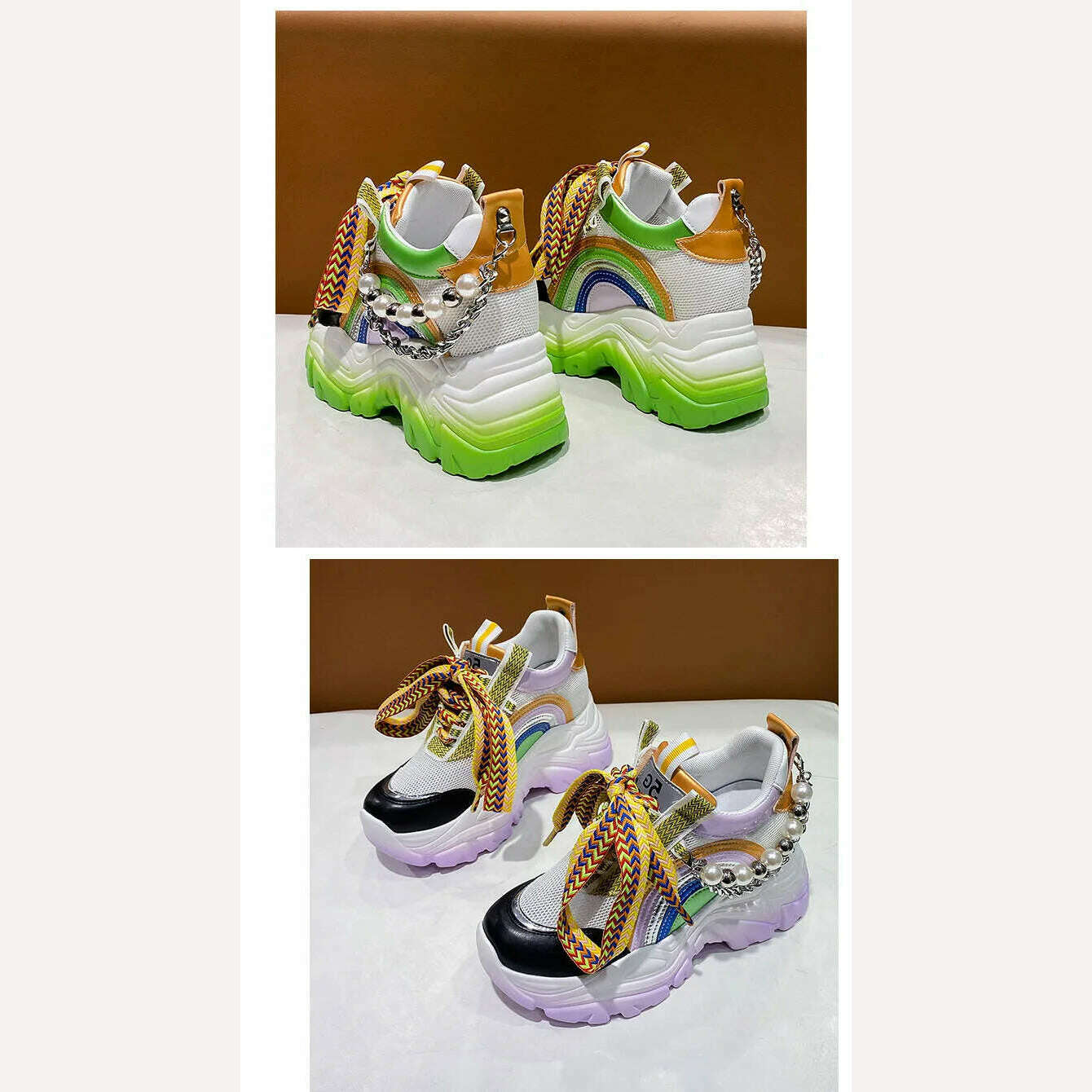 Patent Leather Ladies Casual Shoes Fashion String Bead Chain Girls Chunky Sneakers 8.5cm Heel Thick Sole Women's Platform Shoes - KIMLUD