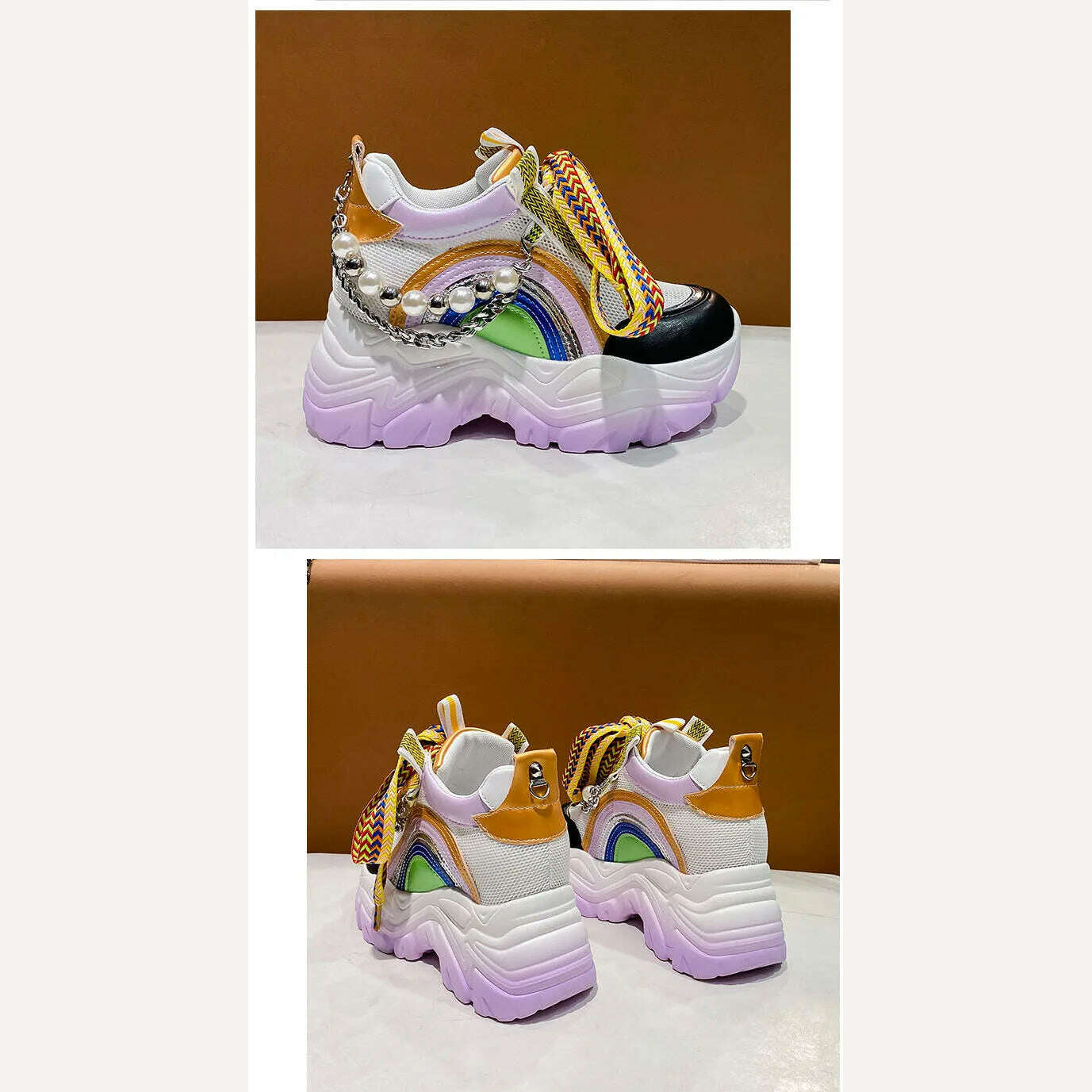 Patent Leather Ladies Casual Shoes Fashion String Bead Chain Girls Chunky Sneakers 8.5cm Heel Thick Sole Women's Platform Shoes - KIMLUD