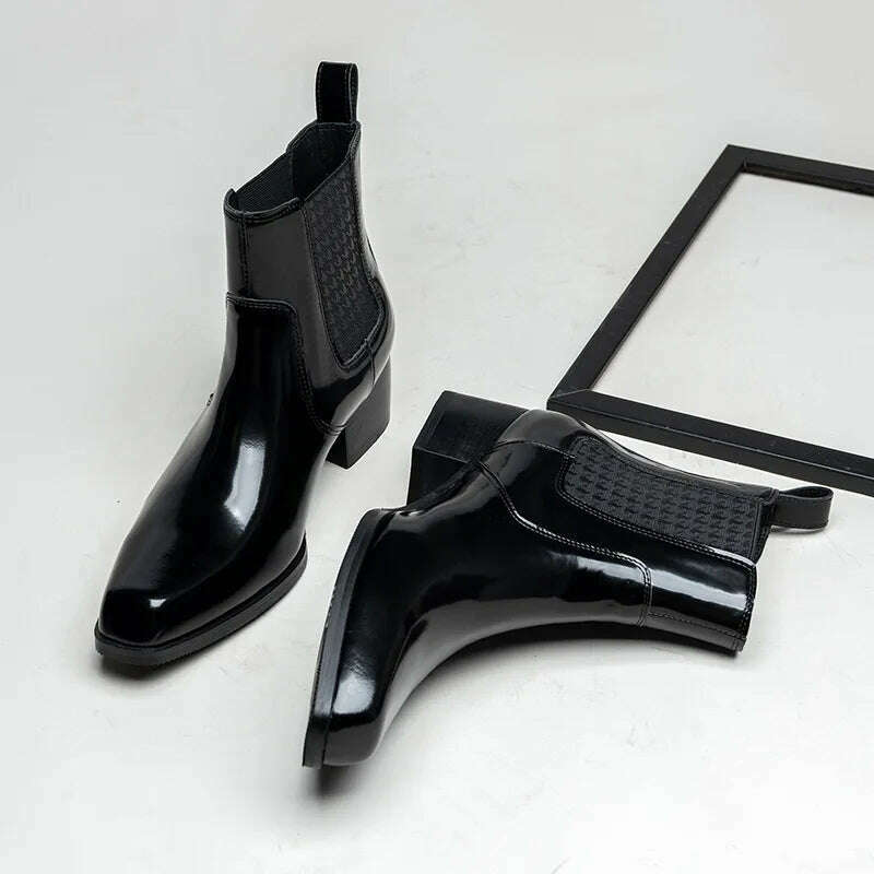 Patent Leather Mens Boots with Heels Luxury Genuine Leather 2023 Winter Quality Warm Slip on Ankle Shoes for Male 5 Cm Height - KIMLUD
