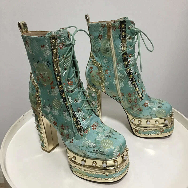 Phoentin Luxury crystal super high heels wedding party shoes women's silk embroidery flower platform ethnic Ankle boots FT1736 - KIMLUD