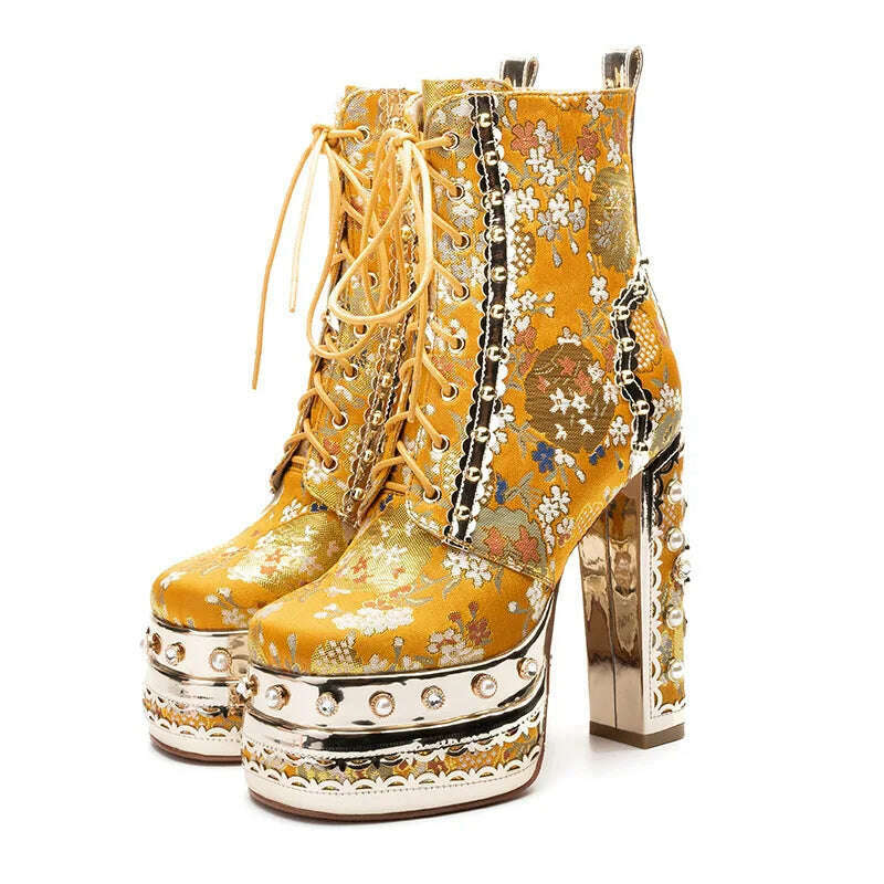 Phoentin Luxury crystal super high heels wedding party shoes women's silk embroidery flower platform ethnic Ankle boots FT1736 - KIMLUD