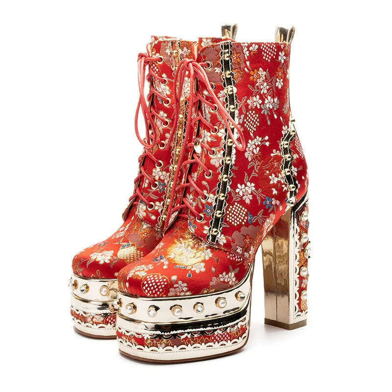 Phoentin Luxury crystal super high heels wedding party shoes women's silk embroidery flower platform ethnic Ankle boots FT1736 - KIMLUD