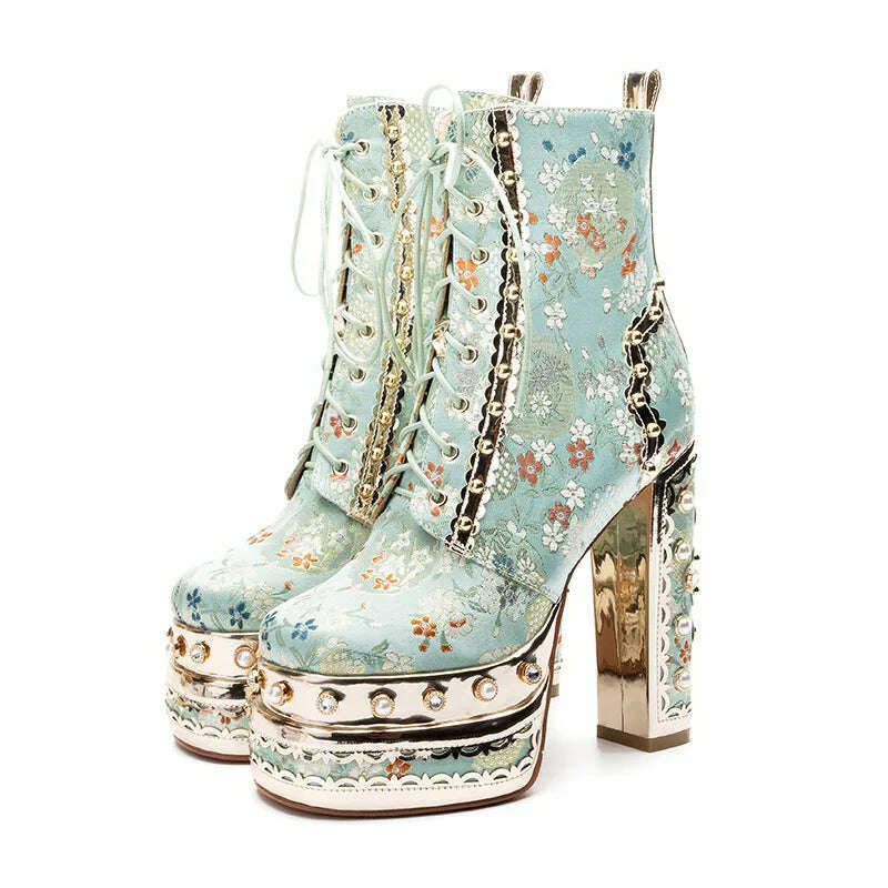 Phoentin Luxury crystal super high heels wedding party shoes women's silk embroidery flower platform ethnic Ankle boots FT1736 - KIMLUD
