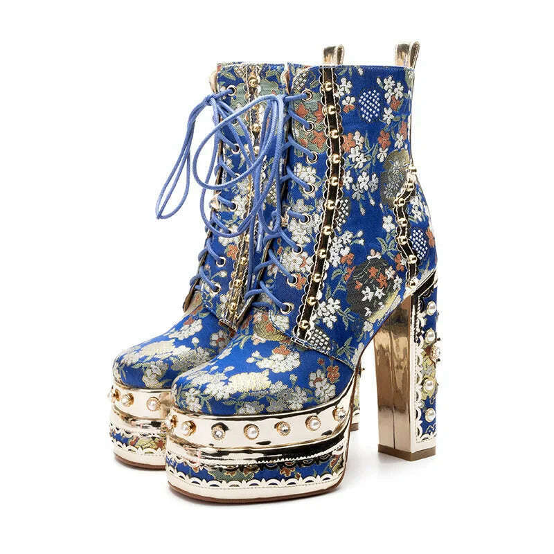Phoentin Luxury crystal super high heels wedding party shoes women's silk embroidery flower platform ethnic Ankle boots FT1736 - KIMLUD