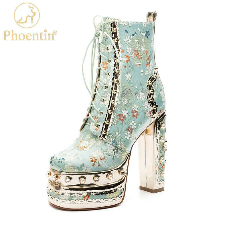 Phoentin Luxury crystal super high heels wedding party shoes women's silk embroidery flower platform ethnic Ankle boots FT1736 - KIMLUD