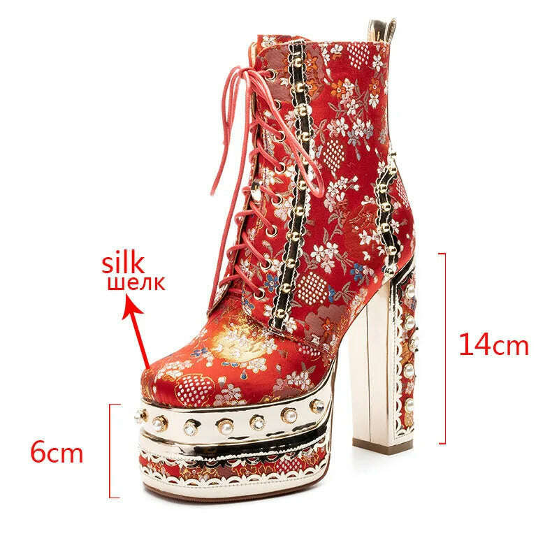 Phoentin Luxury crystal super high heels wedding party shoes women's silk embroidery flower platform ethnic Ankle boots FT1736 - KIMLUD