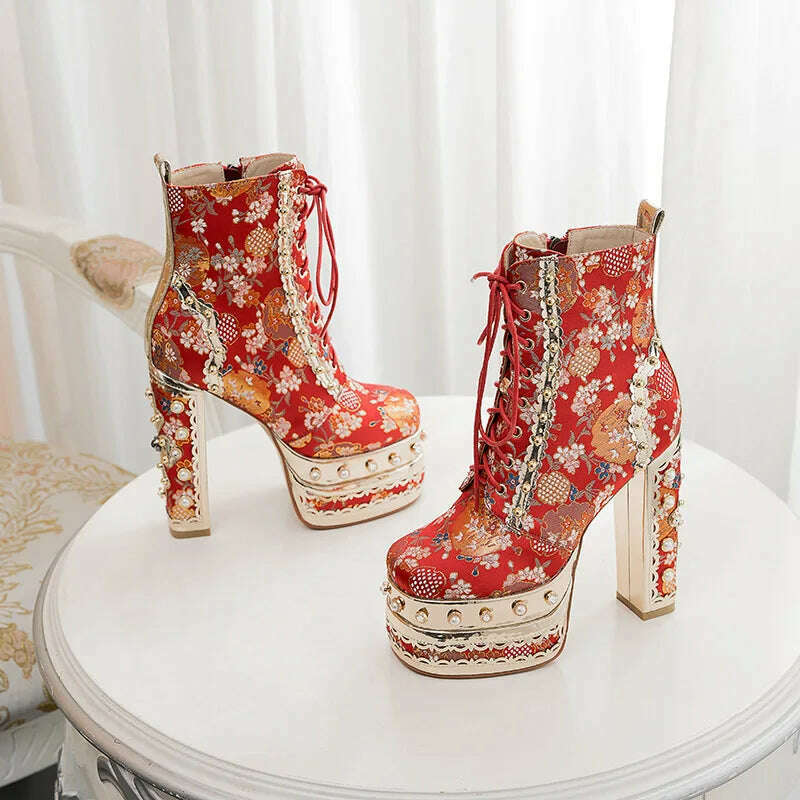 Phoentin Luxury crystal super high heels wedding party shoes women's silk embroidery flower platform ethnic Ankle boots FT1736 - KIMLUD