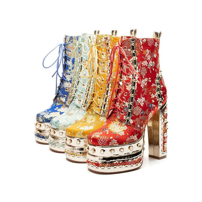 Phoentin Luxury crystal super high heels wedding party shoes women's silk embroidery flower platform ethnic Ankle boots FT1736 - KIMLUD