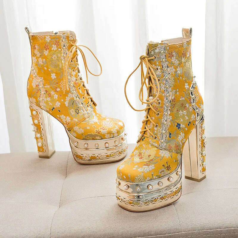 Phoentin Luxury crystal super high heels wedding party shoes women's silk embroidery flower platform ethnic Ankle boots FT1736 - KIMLUD