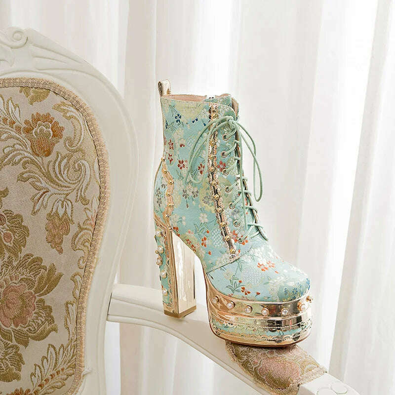 Phoentin Luxury crystal super high heels wedding party shoes women's silk embroidery flower platform ethnic Ankle boots FT1736 - KIMLUD