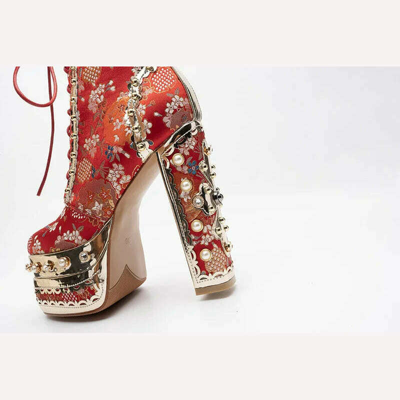Phoentin Luxury crystal super high heels wedding party shoes women's silk embroidery flower platform ethnic Ankle boots FT1736 - KIMLUD
