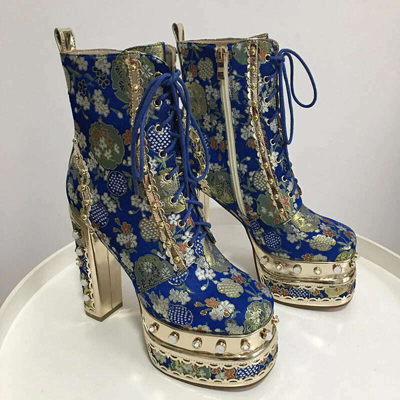 Phoentin Luxury crystal super high heels wedding party shoes women's silk embroidery flower platform ethnic Ankle boots FT1736 - KIMLUD