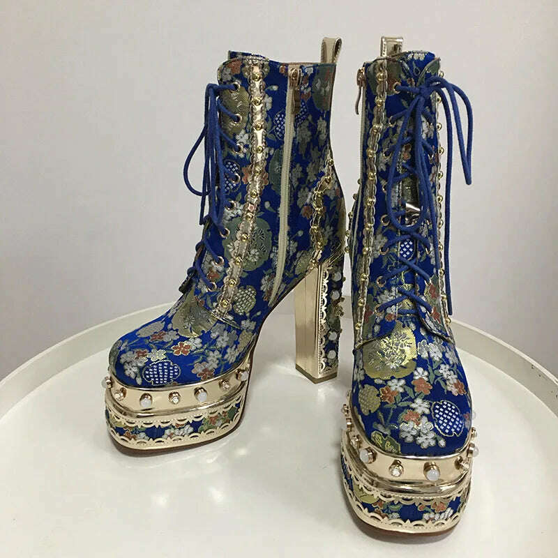 Phoentin Luxury crystal super high heels wedding party shoes women's silk embroidery flower platform ethnic Ankle boots FT1736 - KIMLUD