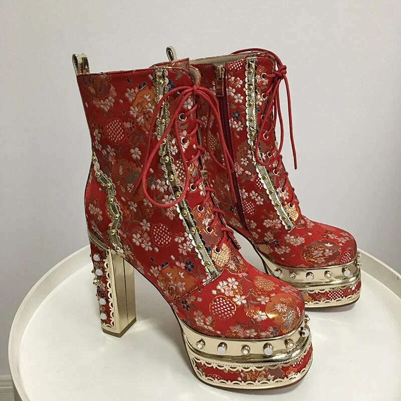Phoentin Luxury crystal super high heels wedding party shoes women's silk embroidery flower platform ethnic Ankle boots FT1736 - KIMLUD