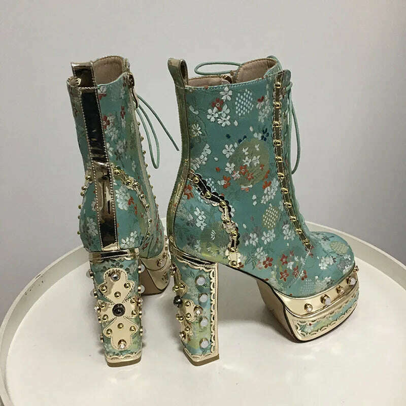 Phoentin Luxury crystal super high heels wedding party shoes women's silk embroidery flower platform ethnic Ankle boots FT1736 - KIMLUD