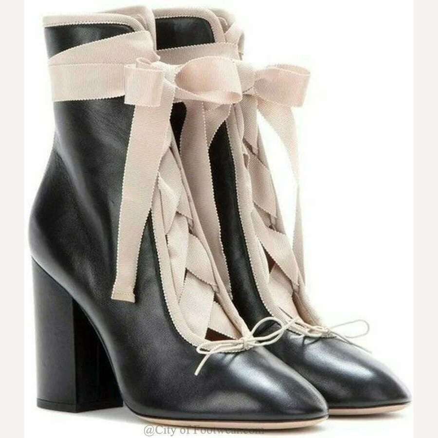 Pink Lace up Block Heel Ankle Boots Women Bow Tie Round Toe Black Leather High Heels Booties Luxury Designer Big Size Shoes - KIMLUD