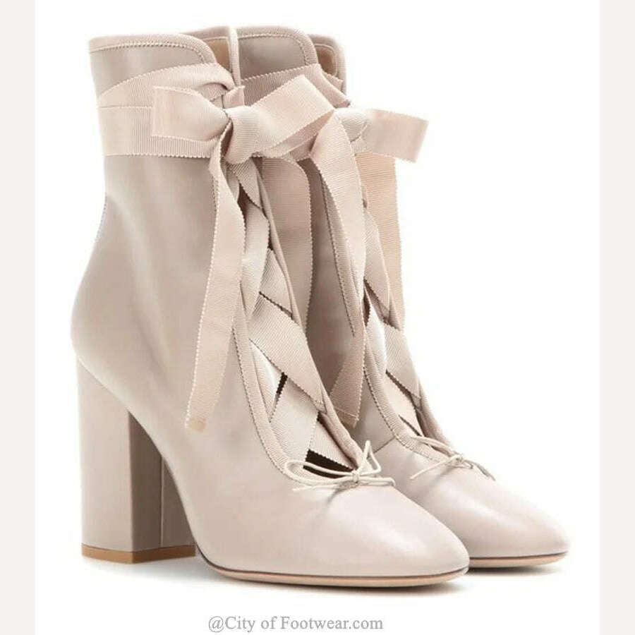 Pink Lace up Block Heel Ankle Boots Women Bow Tie Round Toe Black Leather High Heels Booties Luxury Designer Big Size Shoes - KIMLUD