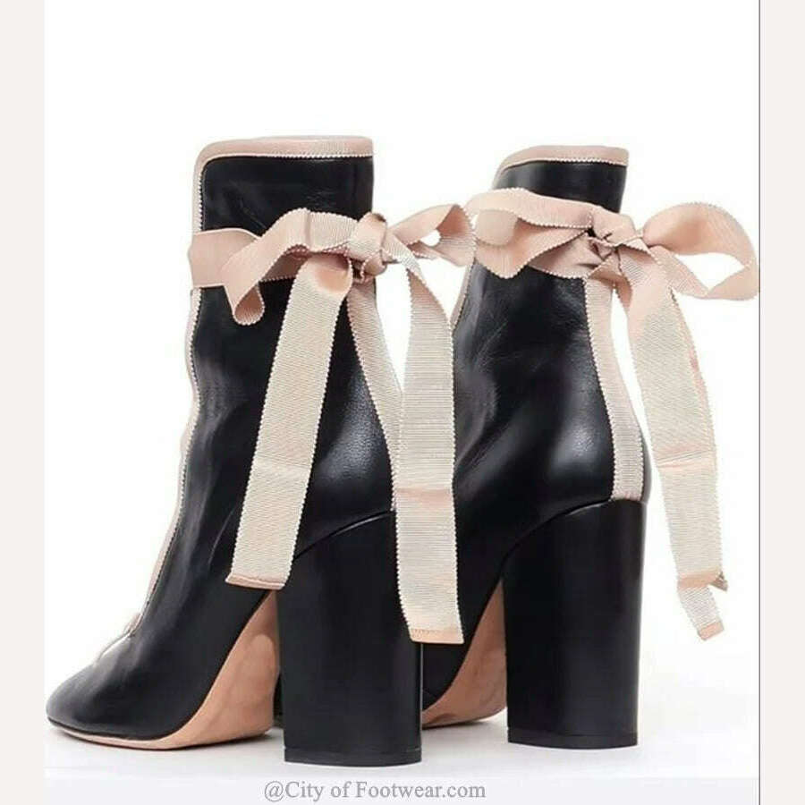 Pink Lace up Block Heel Ankle Boots Women Bow Tie Round Toe Black Leather High Heels Booties Luxury Designer Big Size Shoes - KIMLUD