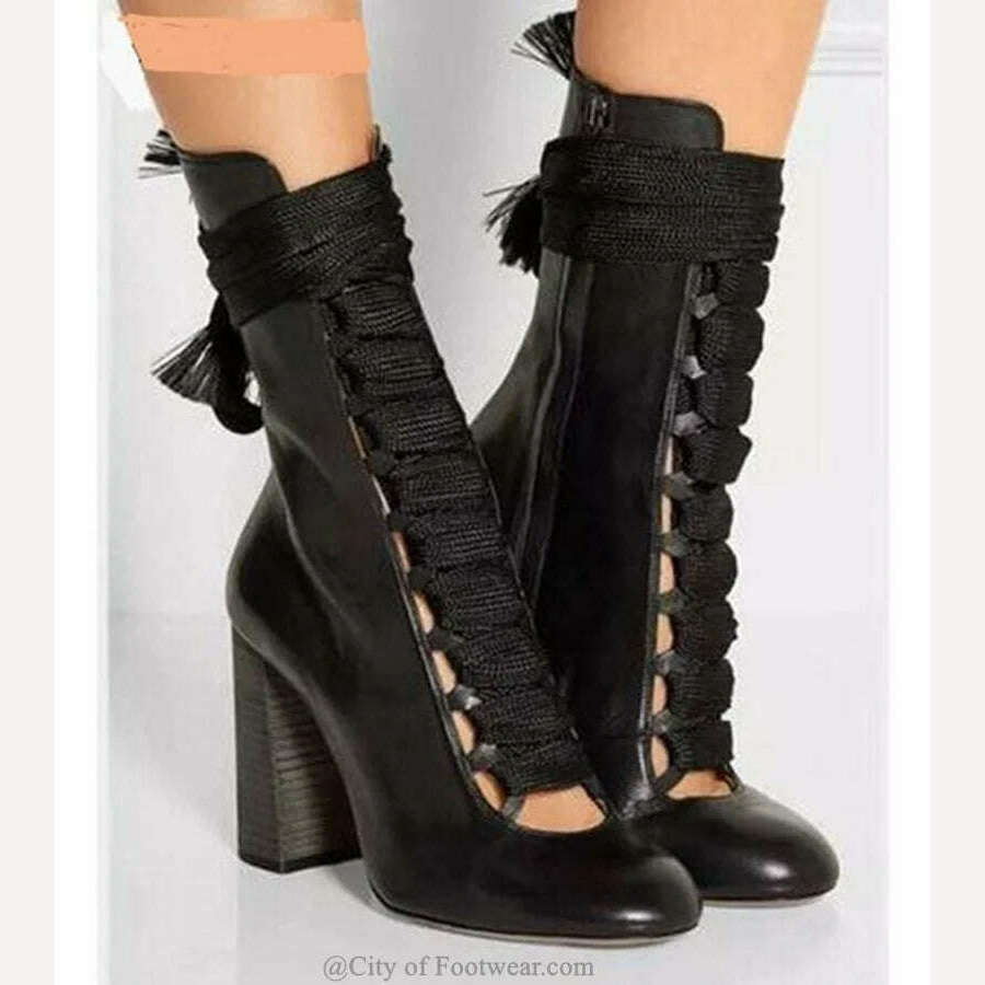 Pink Lace up Block Heel Ankle Boots Women Bow Tie Round Toe Black Leather High Heels Booties Luxury Designer Big Size Shoes - KIMLUD