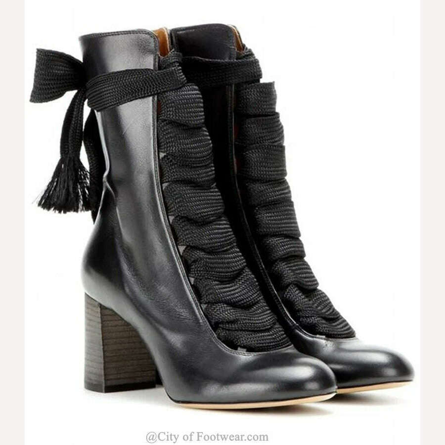 Pink Lace up Block Heel Ankle Boots Women Bow Tie Round Toe Black Leather High Heels Booties Luxury Designer Big Size Shoes - KIMLUD