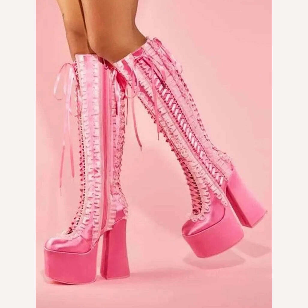 Pink Satin Ruffles Platform Boots Women Chunky Heel Round Toe Lace up Heels Knee High Boots Luxury Lolita Y2k Big Size Shoes - KIMLUD