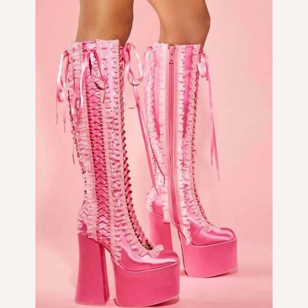 Pink Satin Ruffles Platform Boots Women Chunky Heel Round Toe Lace up Heels Knee High Boots Luxury Lolita Y2k Big Size Shoes - KIMLUD