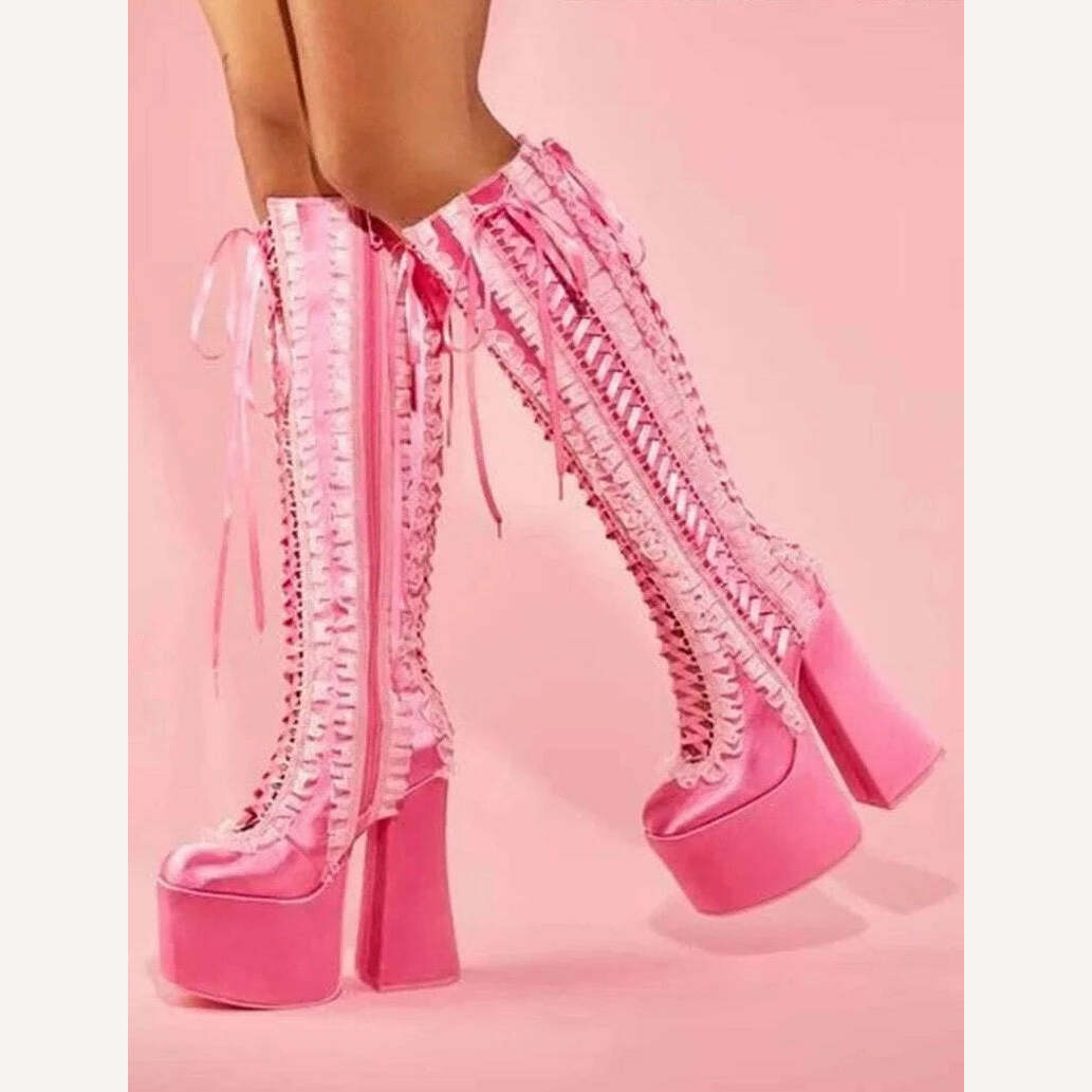 Pink Satin Ruffles Platform Boots Women Chunky Heel Round Toe Lace up Heels Knee High Boots Luxury Lolita Y2k Big Size Shoes - KIMLUD