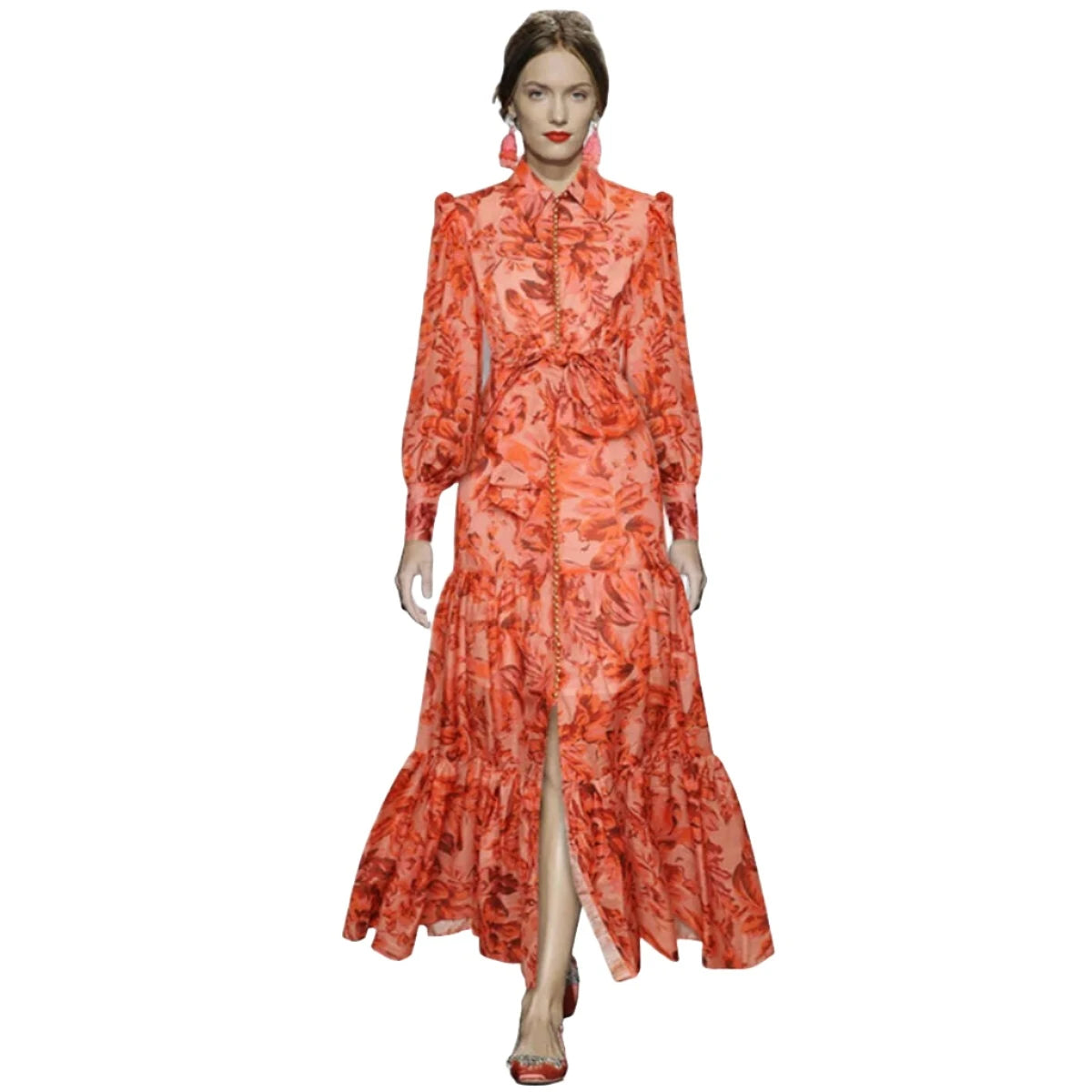 Pinkoz runway designer summer spring orange printed maxi dress single breasted lantern sleeve long party holiday vestidos sashes - KIMLUD