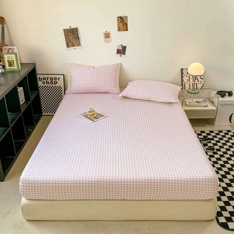 Plaid Style Fitted Sheet Skin-friendly Bed Cover Elastic Bedsheet for Girls Boys Room couvre lit Home Bed Linen(No Pillowcase) - KIMLUD