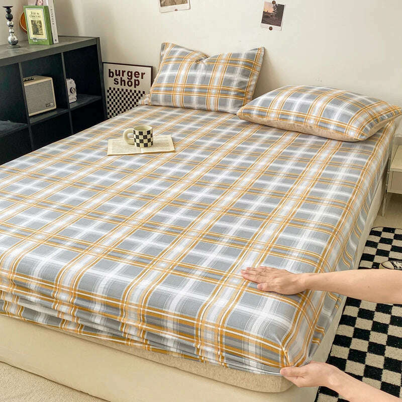 Plaid Style Fitted Sheet Skin-friendly Bed Cover Elastic Bedsheet for Girls Boys Room couvre lit Home Bed Linen(No Pillowcase) - KIMLUD