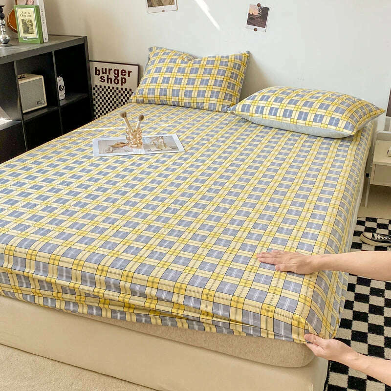 Plaid Style Fitted Sheet Skin-friendly Bed Cover Elastic Bedsheet for Girls Boys Room couvre lit Home Bed Linen(No Pillowcase) - KIMLUD
