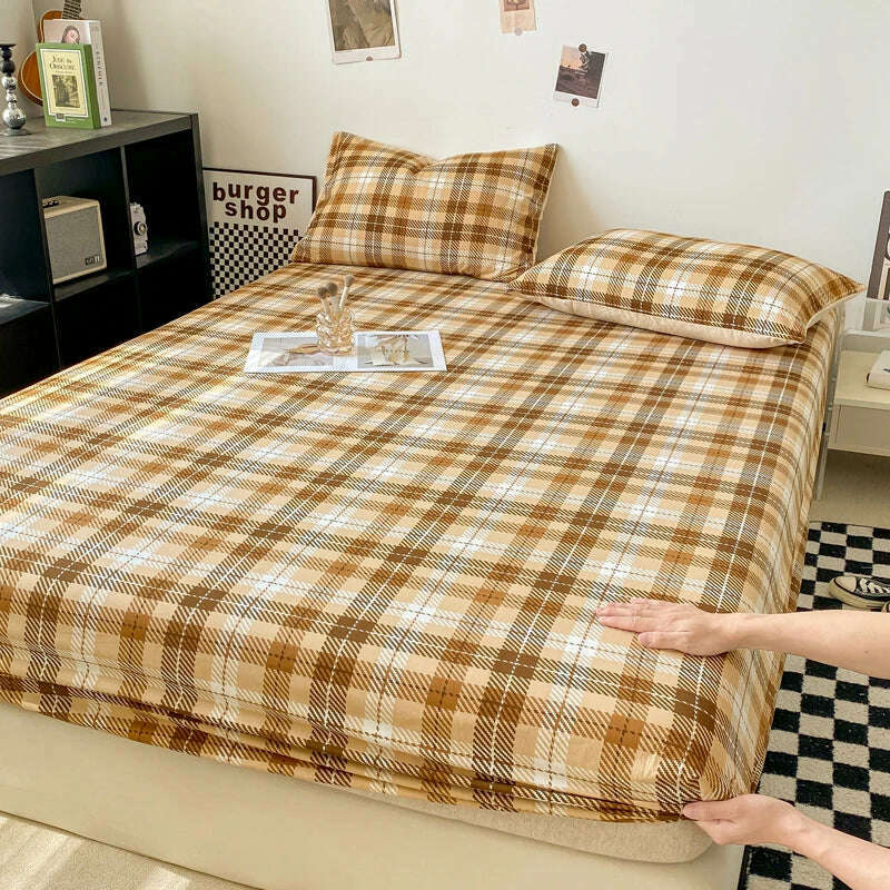 Plaid Style Fitted Sheet Skin-friendly Bed Cover Elastic Bedsheet for Girls Boys Room couvre lit Home Bed Linen(No Pillowcase) - KIMLUD