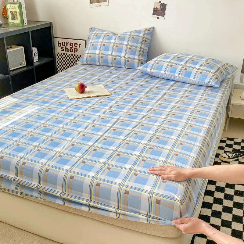 Plaid Style Fitted Sheet Skin-friendly Bed Cover Elastic Bedsheet for Girls Boys Room couvre lit Home Bed Linen(No Pillowcase) - KIMLUD