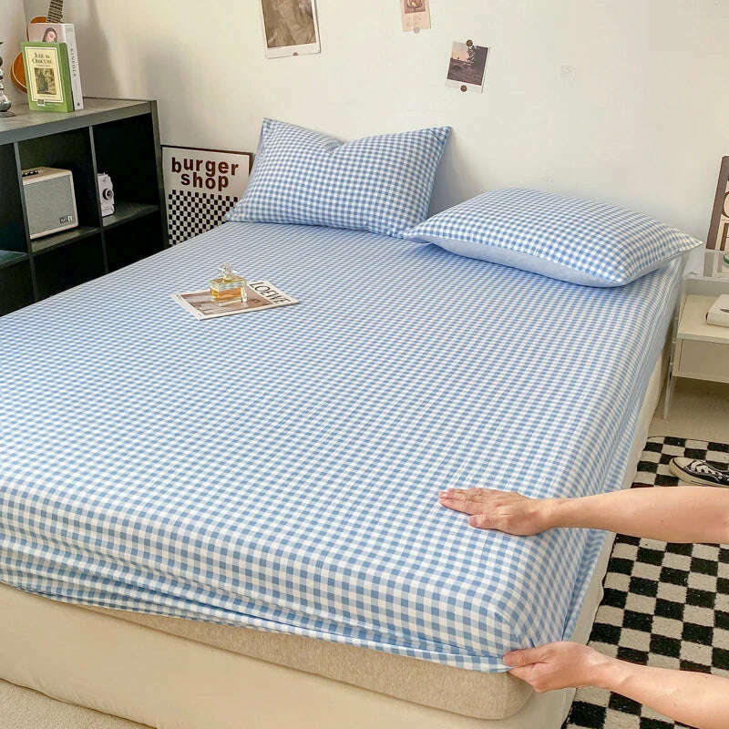 Plaid Style Fitted Sheet Skin-friendly Bed Cover Elastic Bedsheet for Girls Boys Room couvre lit Home Bed Linen(No Pillowcase) - KIMLUD