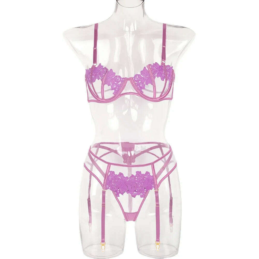 KIMLUD, Plus Size Crotchless Teddies Bodysuit Sexy Lingerie Women Mesh Lace Flora Open Bra Bodystockings Erotic violet Porn Underwear, PURPLE / L, KIMLUD APPAREL - Womens Clothes