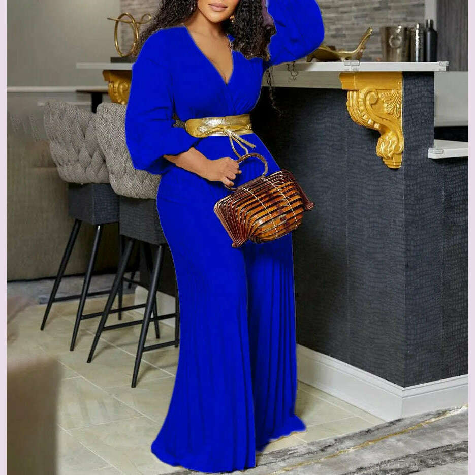 Plus Size Pleated Jumpsuit Female Casual Loose Elegant Clothing Women One Piece Outfit 2023 Autumn Fashion Wide Leg Pants - KIMLUD