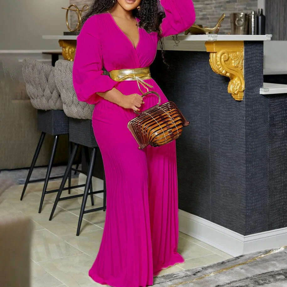 Plus Size Pleated Jumpsuit Female Casual Loose Elegant Clothing Women One Piece Outfit 2023 Autumn Fashion Wide Leg Pants - KIMLUD