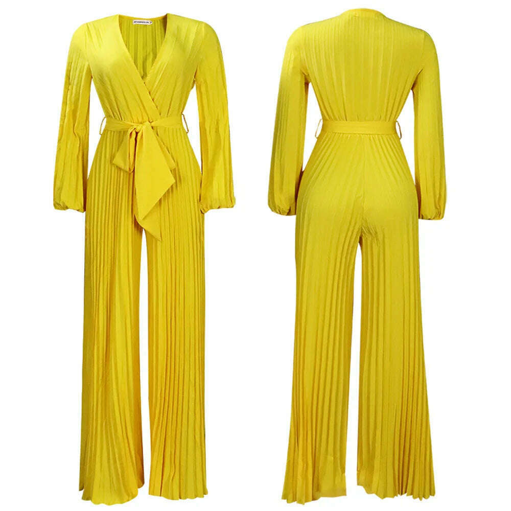 Plus Size Pleated Jumpsuit Female Casual Loose Elegant Clothing Women One Piece Outfit 2023 Autumn Fashion Wide Leg Pants - KIMLUD