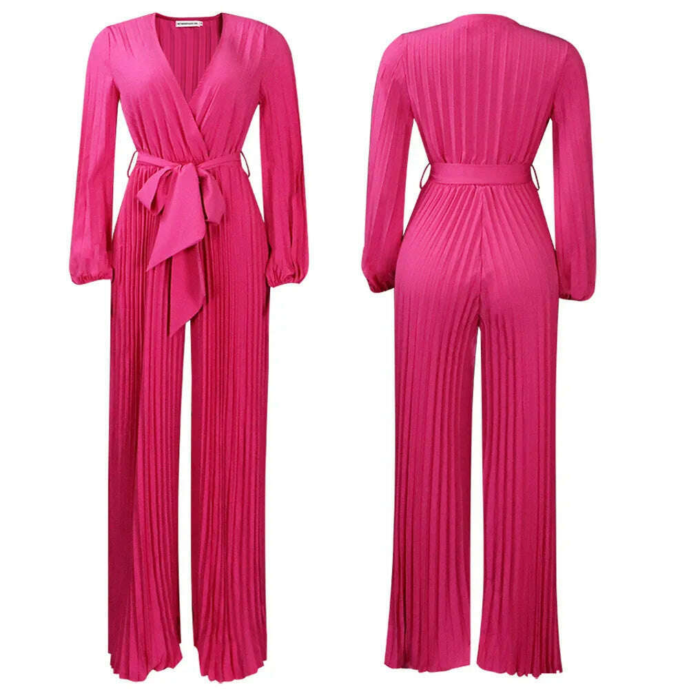 Plus Size Pleated Jumpsuit Female Casual Loose Elegant Clothing Women One Piece Outfit 2023 Autumn Fashion Wide Leg Pants - KIMLUD